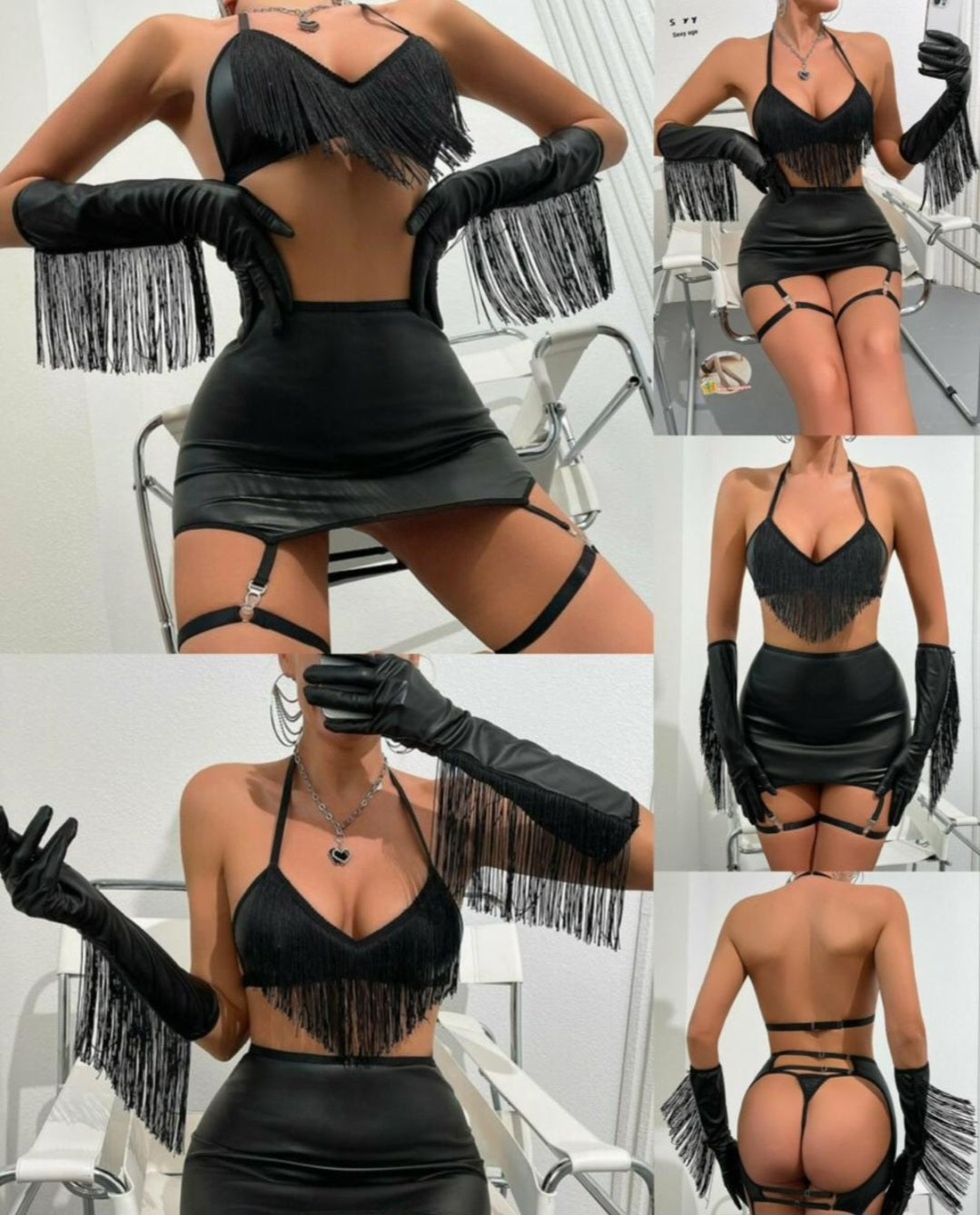 Black Faux Leather Fringe Lingerie Set