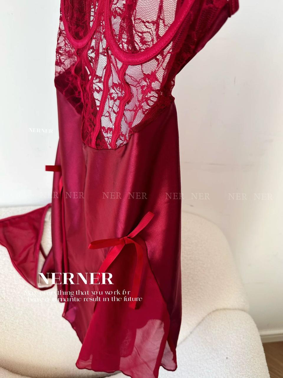 Satin and lace babydoll with thong