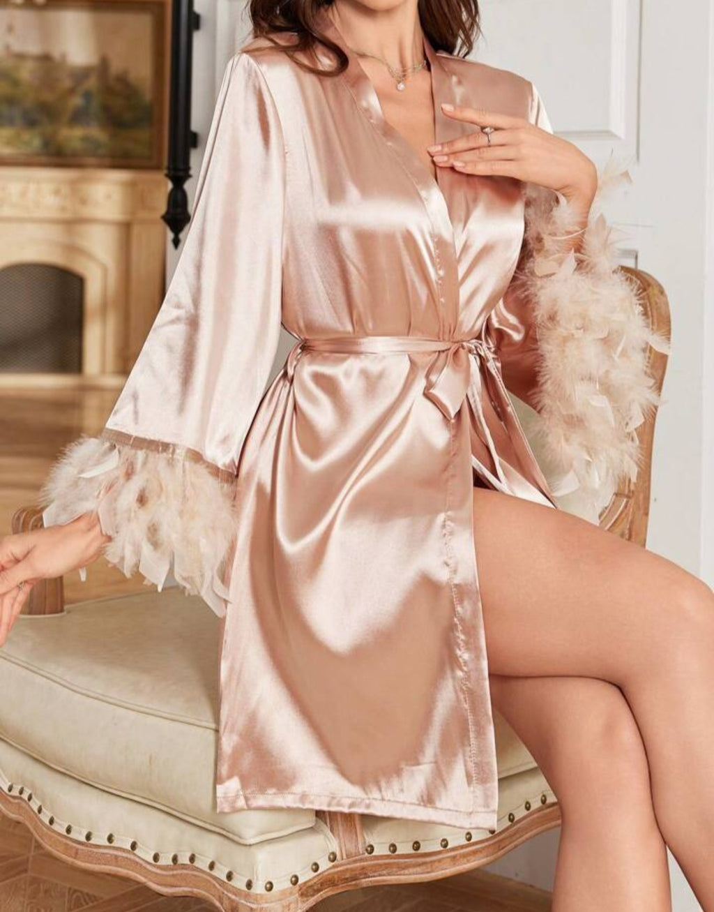 Luxe champagne Gold Robe with White Feathers