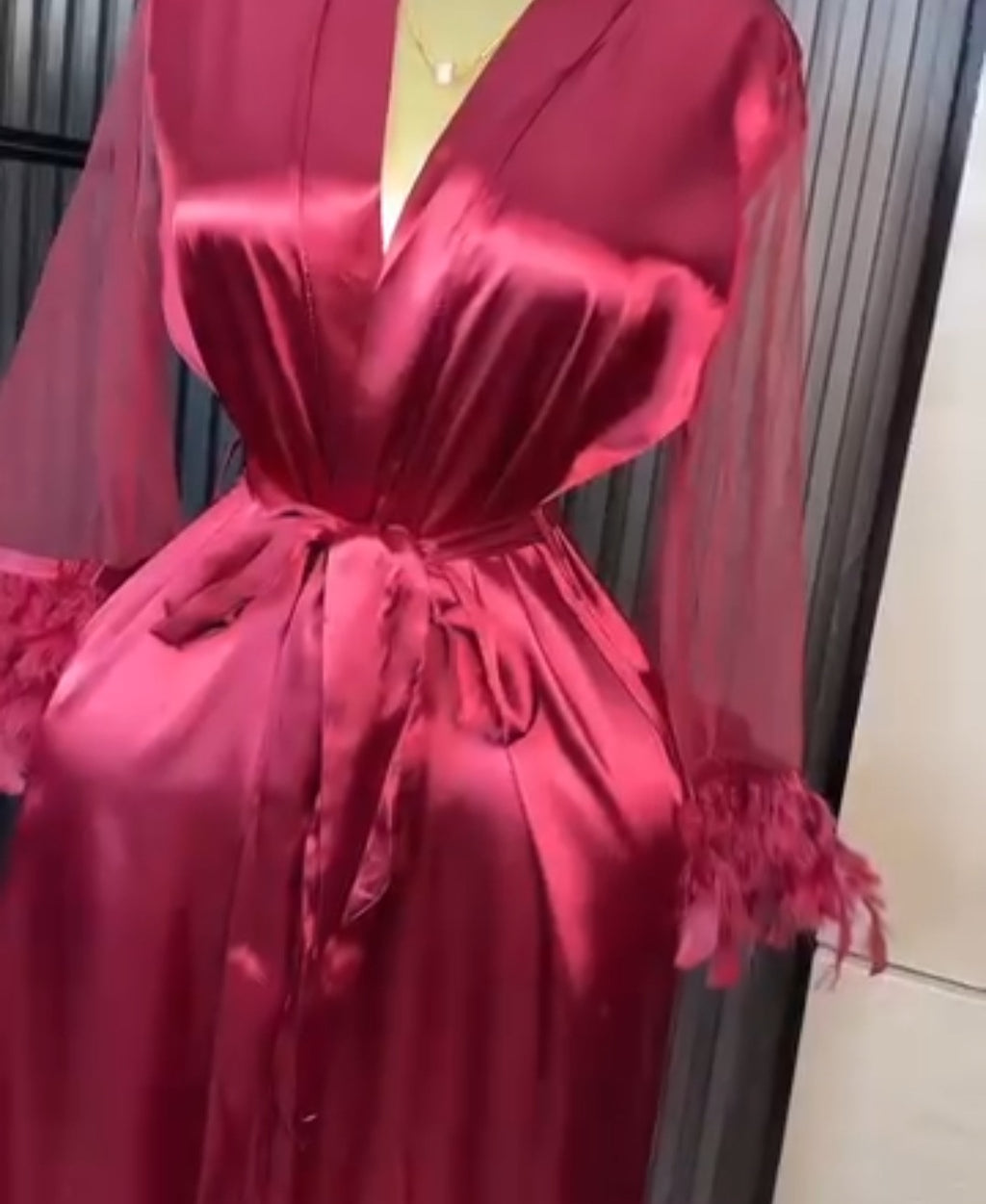 Luxe Feather Trim Robe -Burgundy