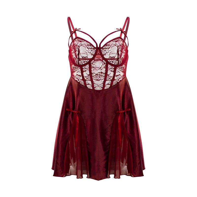 Satin and lace babydoll with thong