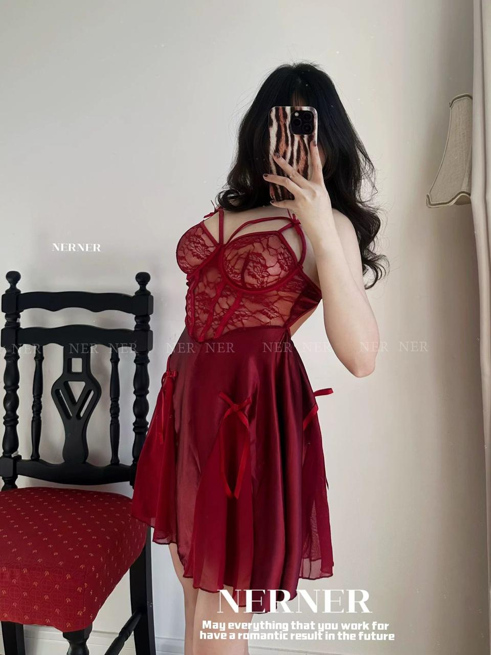 Satin and lace babydoll with thong