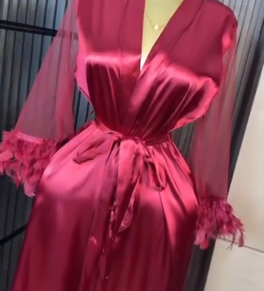 Luxe Feather Trim Robe -Burgundy