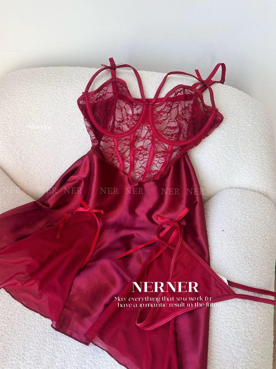 Satin and lace babydoll with thong