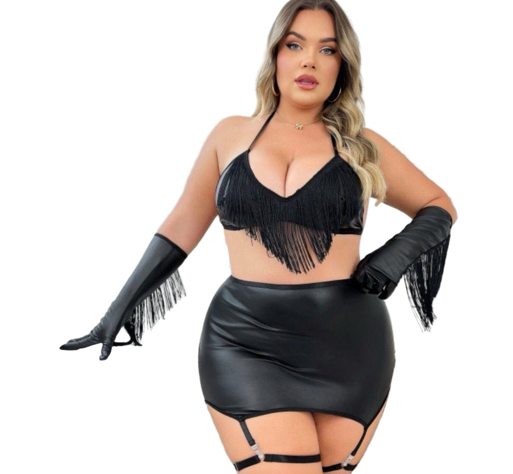 Black Faux Leather Fringe Lingerie Set