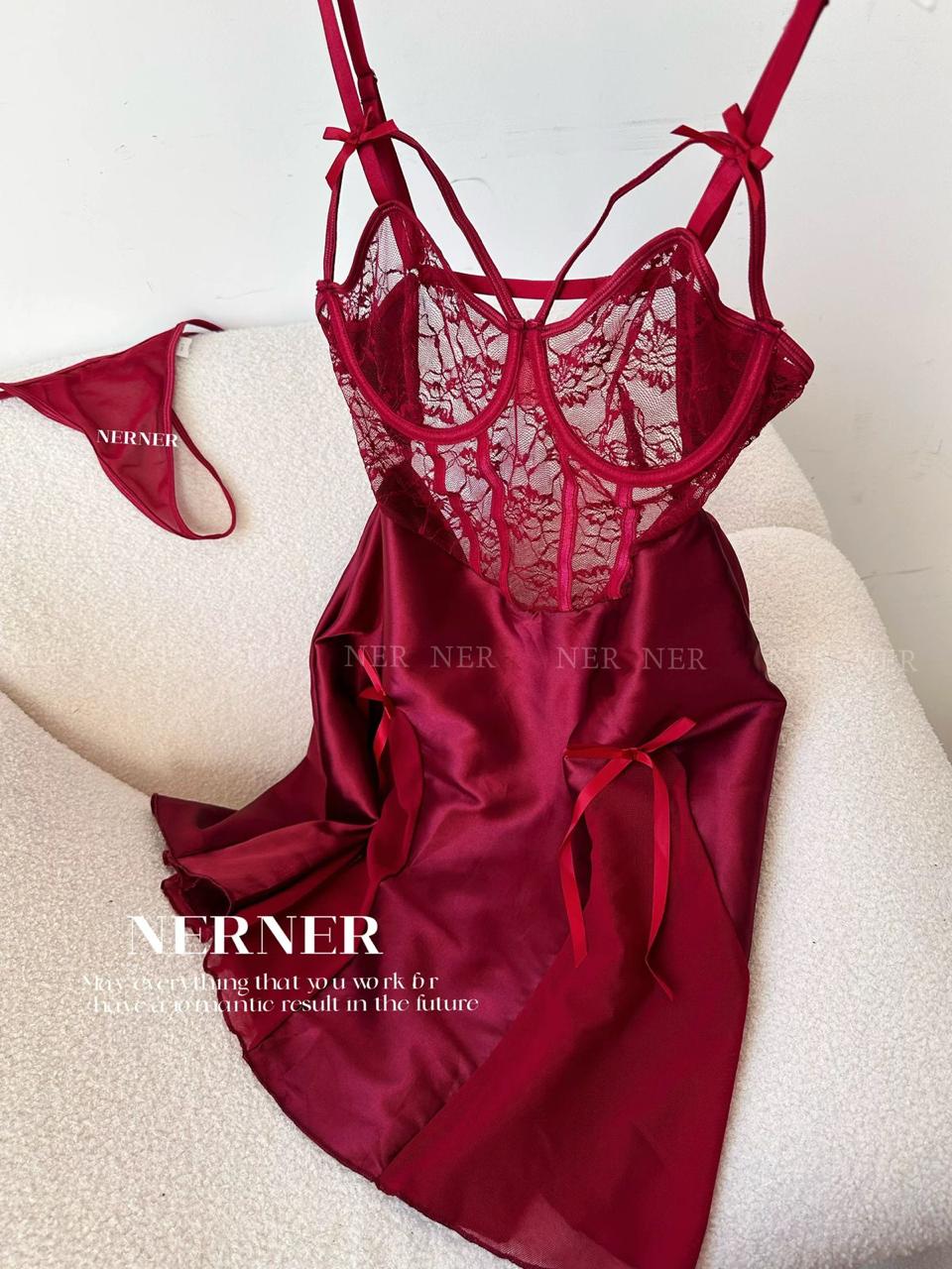 Satin and lace babydoll with thong